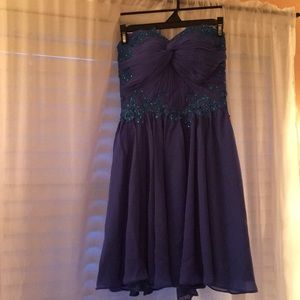 Strapless blue prom dress with lace